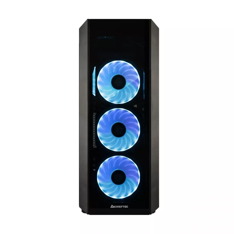 PC korpuss CHIEFTEC Scorpion 3 GL-03B-OP — Tornis ATX/Micro-ATX/Mini-ITX, rūdīts stikls, 3×120 mm priekšējie ventilatori