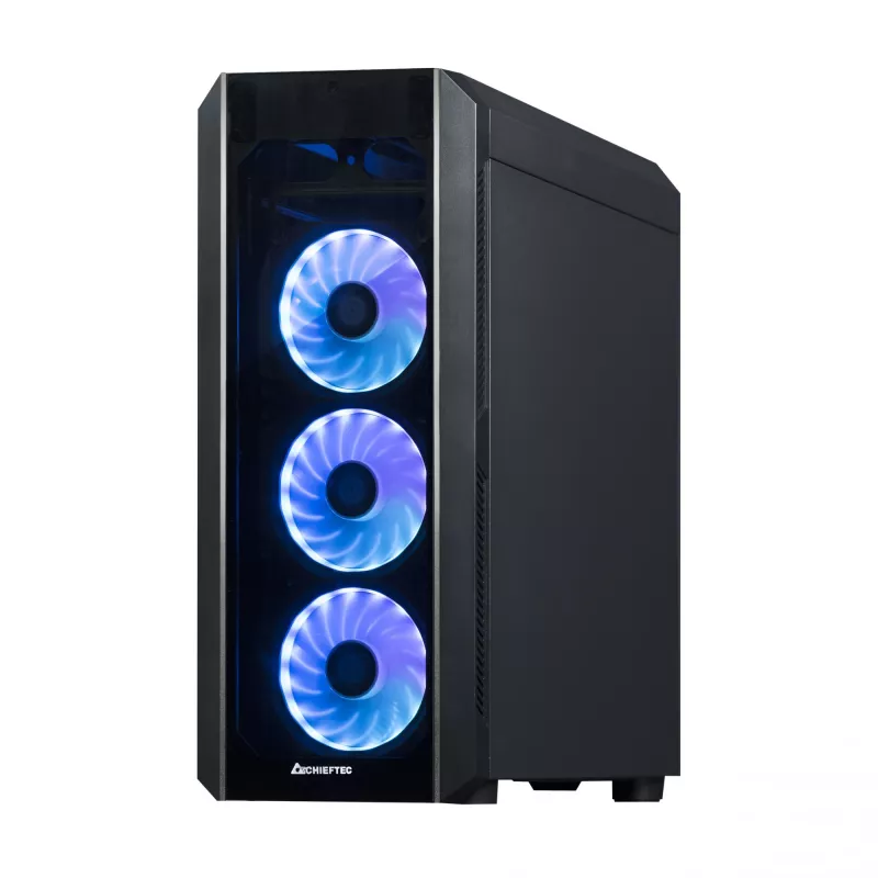 PC korpuss CHIEFTEC Scorpion 3 GL-03B-OP — Tornis ATX/Micro-ATX/Mini-ITX, rūdīts stikls, 3×120 mm priekšējie ventilatori