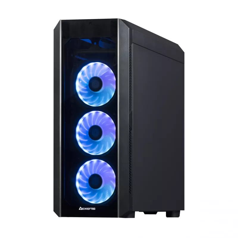 PC korpuss CHIEFTEC Scorpion 3 GL-03B-OP — Tornis ATX/Micro-ATX/Mini-ITX, rūdīts stikls, 3×120 mm priekšējie ventilatori