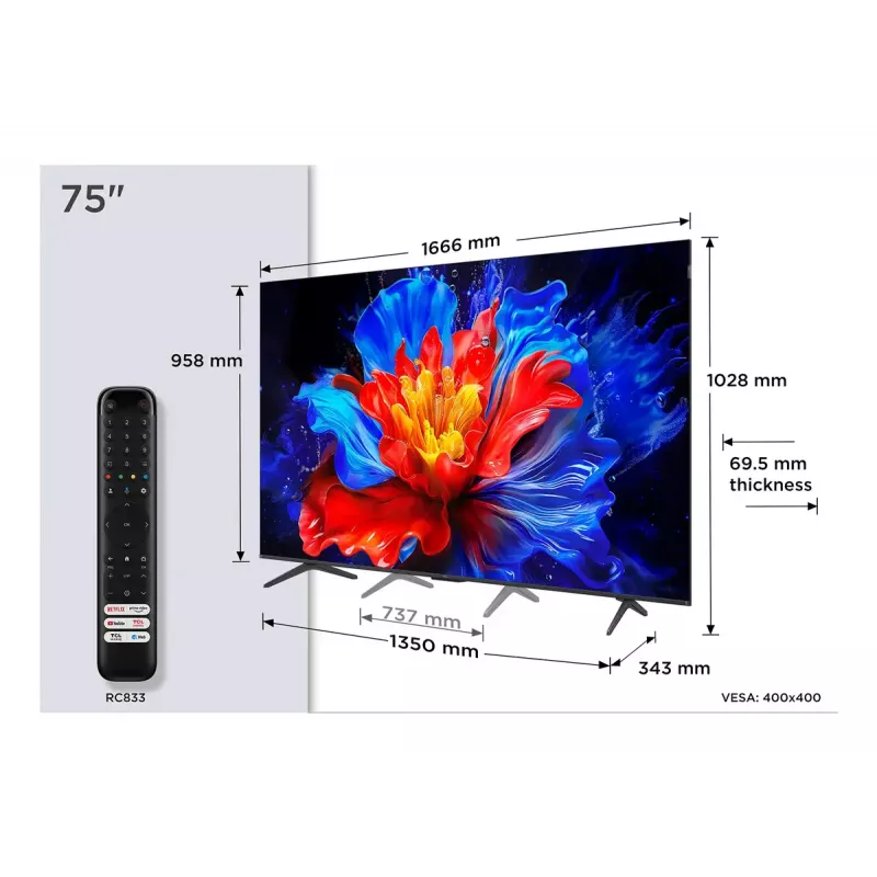 Televizors TCL P8K 75 collu 4K QLED HDR displejs 3840 x 2160