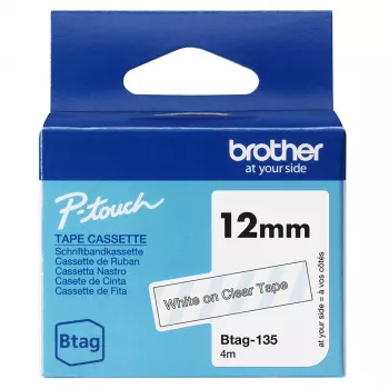 Marķēšanas lente Brother BTAG-135 Balta uz caurspīdīga 1,2 cm 4 m