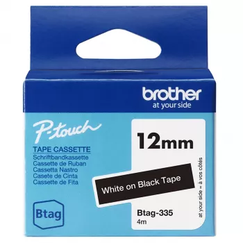 Uzlīmju lente Brother BTAG-335 Balta uz melna 1,2 cm 4 m