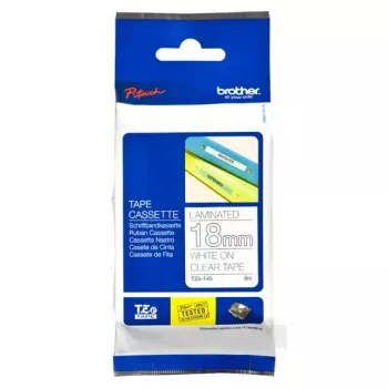 Etiķešu lente Brother TZe145 18mm Balta uz caurspīdīgas