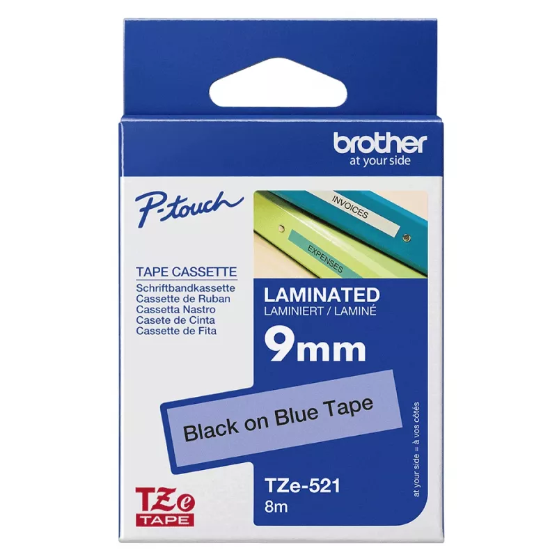 Brother laminēta lente 9mm, melns uz zila, TZe, melna, termopārnese, Filipīnas, 5 gadi