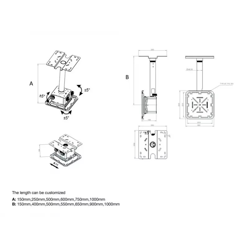 Multibrackets M Projector Mount Pro HD 40kg balts, griestu stiprinājums, 40 kg, balts, 150 - 1000 mm, 360°, -5 - 5°
