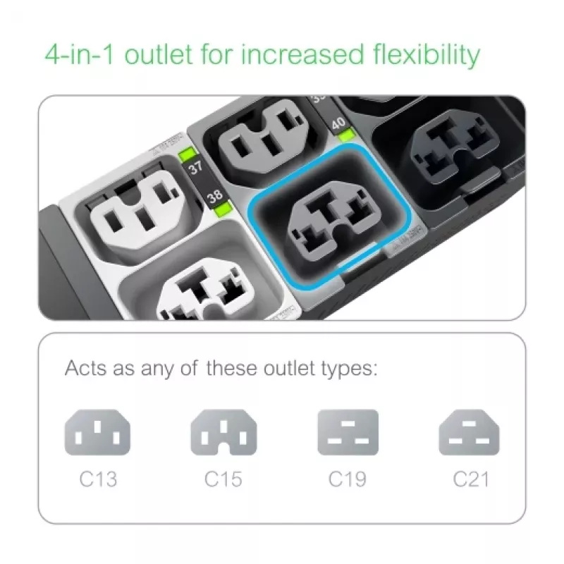 APC NetShelter Rack PDU Advanced, uzskaitīts, 3 fāzes, 11kW 400V 16A vai 11.5kW 415V 20A, 42 izejas, IEC309