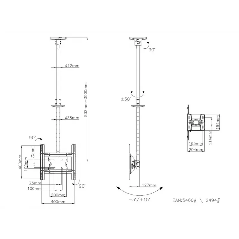 Multibrackets M Public Ceilingmount Medium Single 3000, 30 kg, 81.3 cm (32 collas), 139.7 cm (55 collas), 200 x 100 mm, 400 x 400 mm, 860 - 3130 mm