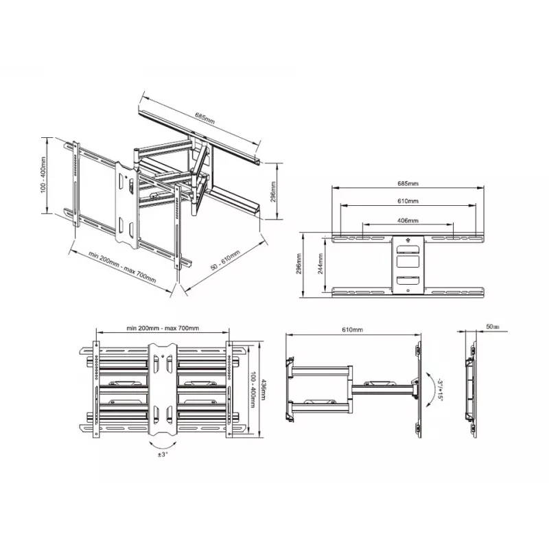 Stiprinājuma kronšteins Multibrackets M Universal Flexarm Pro 60 kg lieljaudas melns
