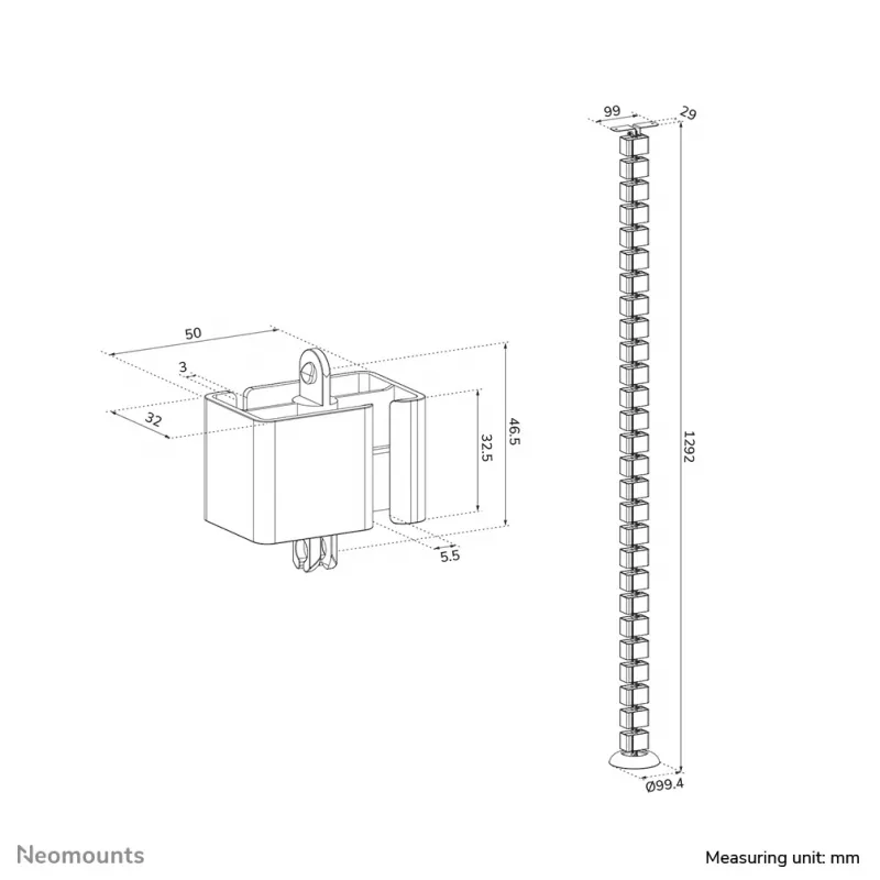 Kabeļu sakārtošanas mugurkauls Neomounts ADS06-130BL pieskrūvējams, melns, 130 mm segmenti