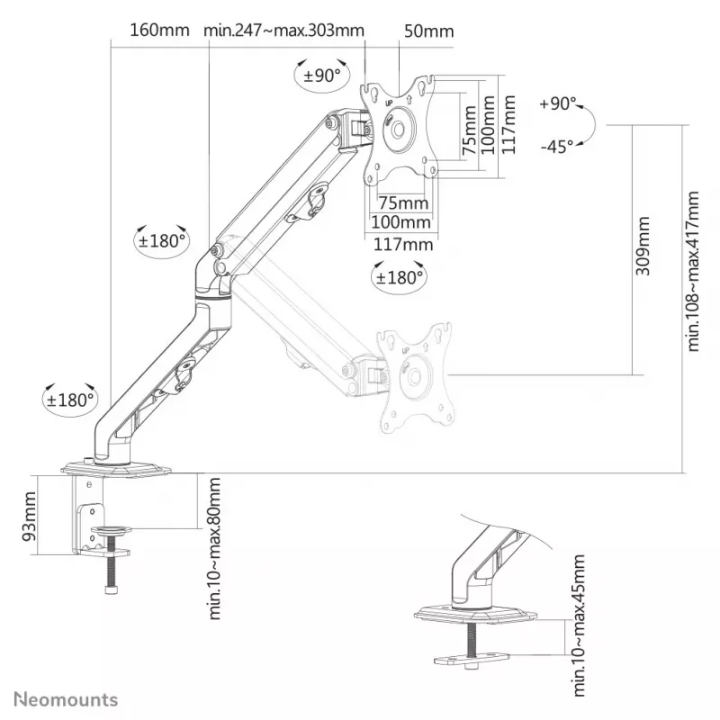 Neomounts FPMA-D650Melns monitora stiprinājuma svira 17-27 collas - spirālatspere