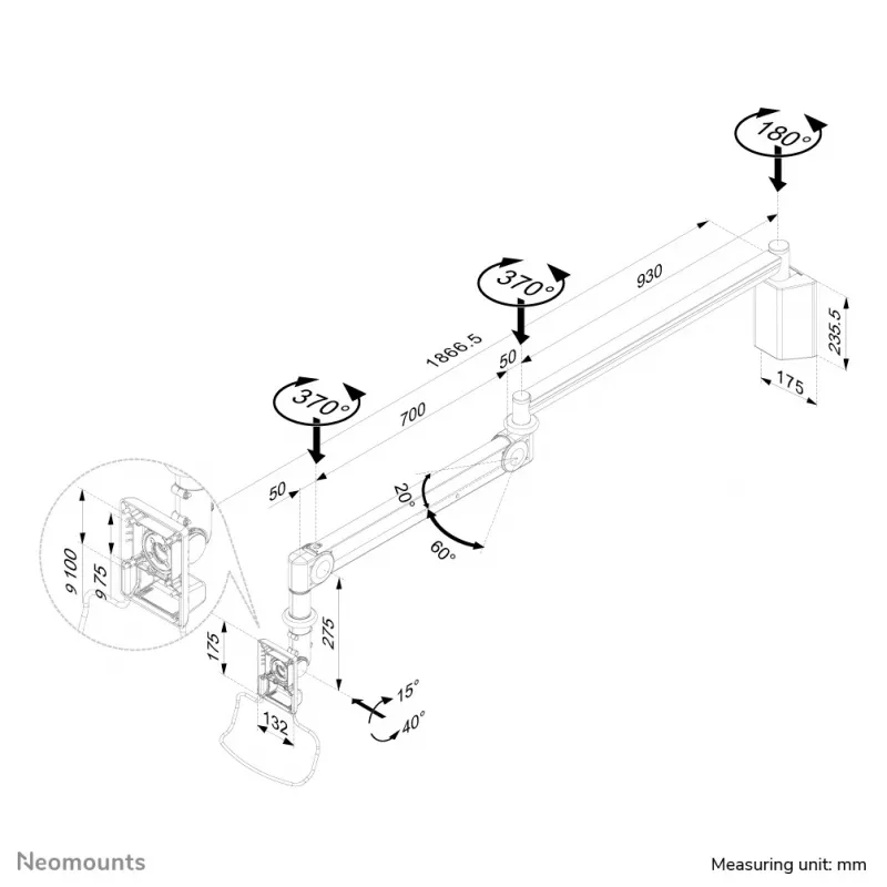 Neomounts FPMA-HAW100 Medicīnas monitora sienas kronšteins 10-24 collas - augstums 0-170 cm - gāzes atspere