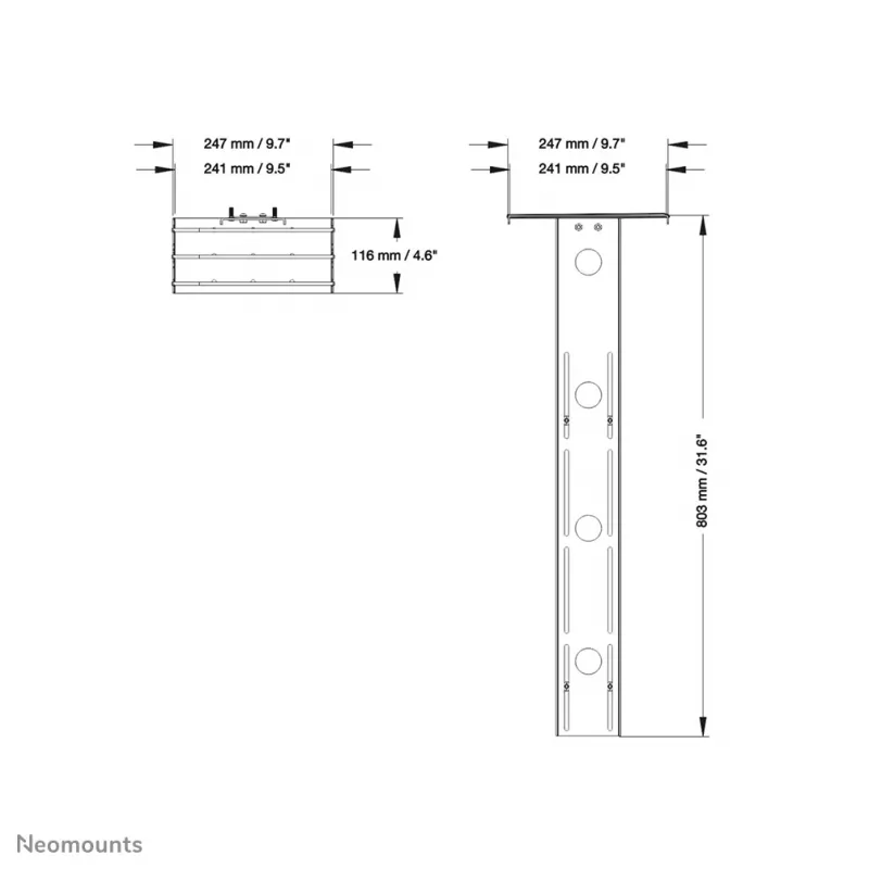 Plaukta stiprinājums Neomounts PLASMA-M2500CAMSHLF2 — šasijas plaukts kamerām, 1 displejam, maks. 6 kg, atbalsta līdz 86 collām, 247×116×803 mm, melns