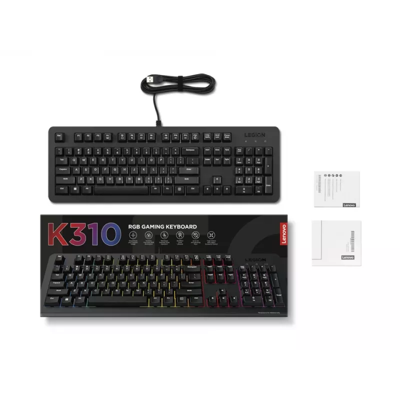 Vadu spēļu klaviatūra Lenovo K310 — pilna izmēra 100%, USB, US angļu valoda, RGB fona apgaismojums, melna, 1,8 m kabelis