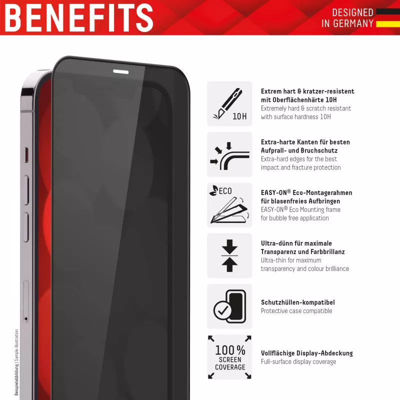 Displex Privātuma ekrāna aizsargstikls (10H) Apple iPhone 13/13 Pro/14/16e/17e, Eko montāžas rāmis, privātuma filtrs