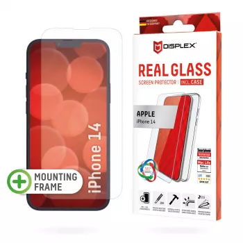 Displex ekrāna aizsargs (10H) + vāciņš Apple iPhone 14, Eco montāžas rāmis, + vāciņš, rūdīts stikls, pret skrāpējumiem izturīga aizsargplēve