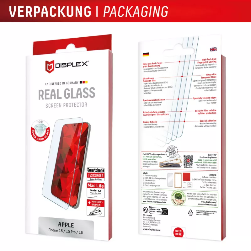 Displex Screen Protector (10H) Apple iPhone 15/15 Pro/16, Eco montāžas rāmis, skrāpējumizturīgs