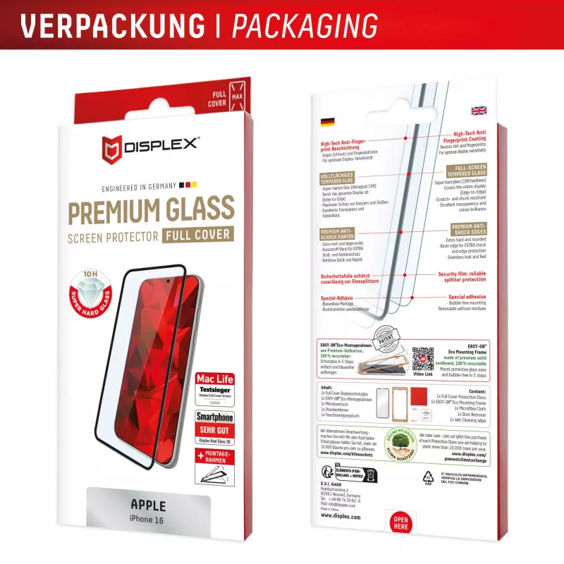 Displex Premium ekrāna aizsargs (pilnais pārklājums, 10H) Apple iPhone 16, Eco montāžas rāmis, pilnais pārklājums