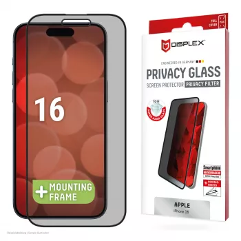 Displex privātuma ekrāna aizsargs (10H) Apple iPhone 16, Eco montāžas rāmis, privātuma filtrs