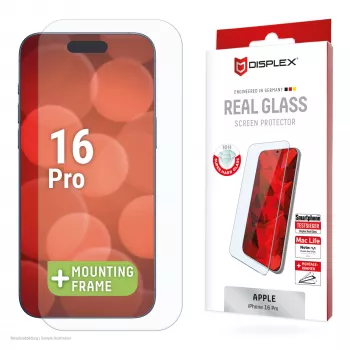 Displeja aizsargstikls Displex (10H) Apple iPhone 16 Pro, Eko montāžas rāmis, izturīgs pret skrāpējumiem