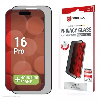 Displex privātuma ekrāna aizsargs (10H) Apple iPhone 16 Pro, Eco montāžas rāmis, privātuma filtrs