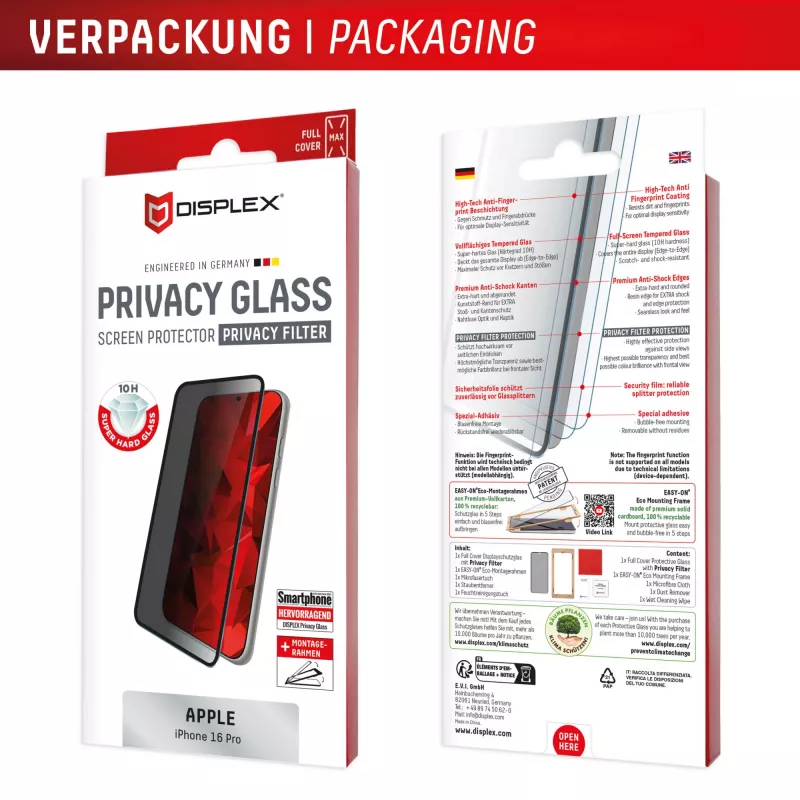Displex privātuma ekrāna aizsargs (10H) Apple iPhone 16 Pro, Eco montāžas rāmis, privātuma filtrs