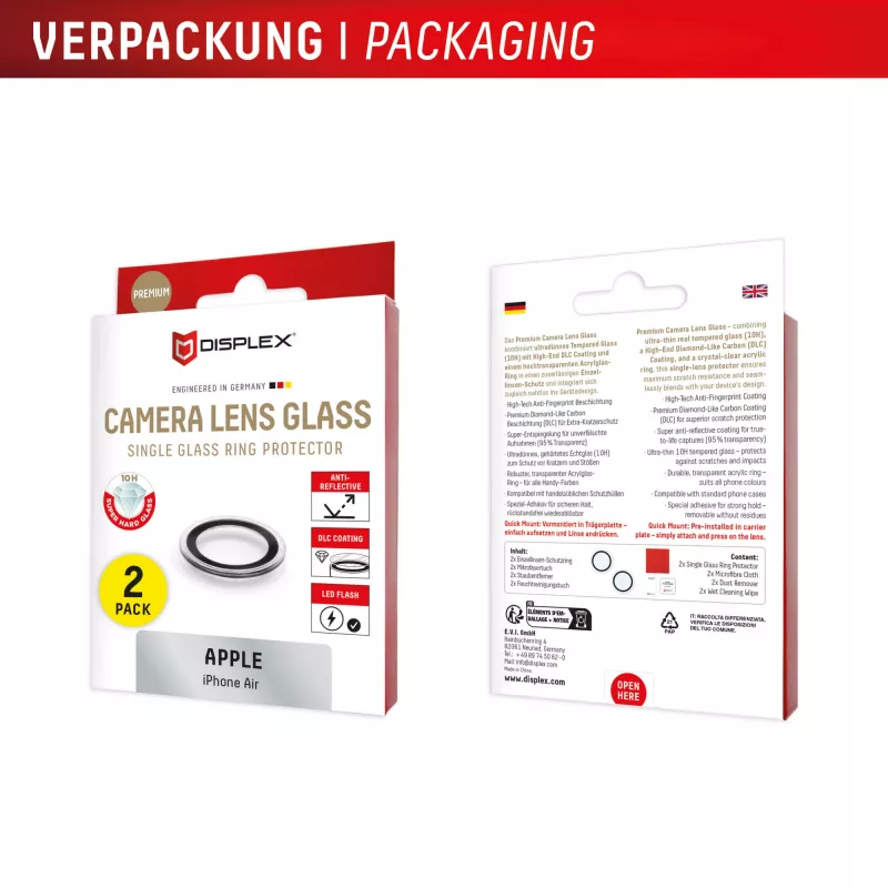 Displex Premium Camera Lens Glass, iPhone Air Glas, 10H, Single Rings, DLC, caurspīdīgs, Quick Mount