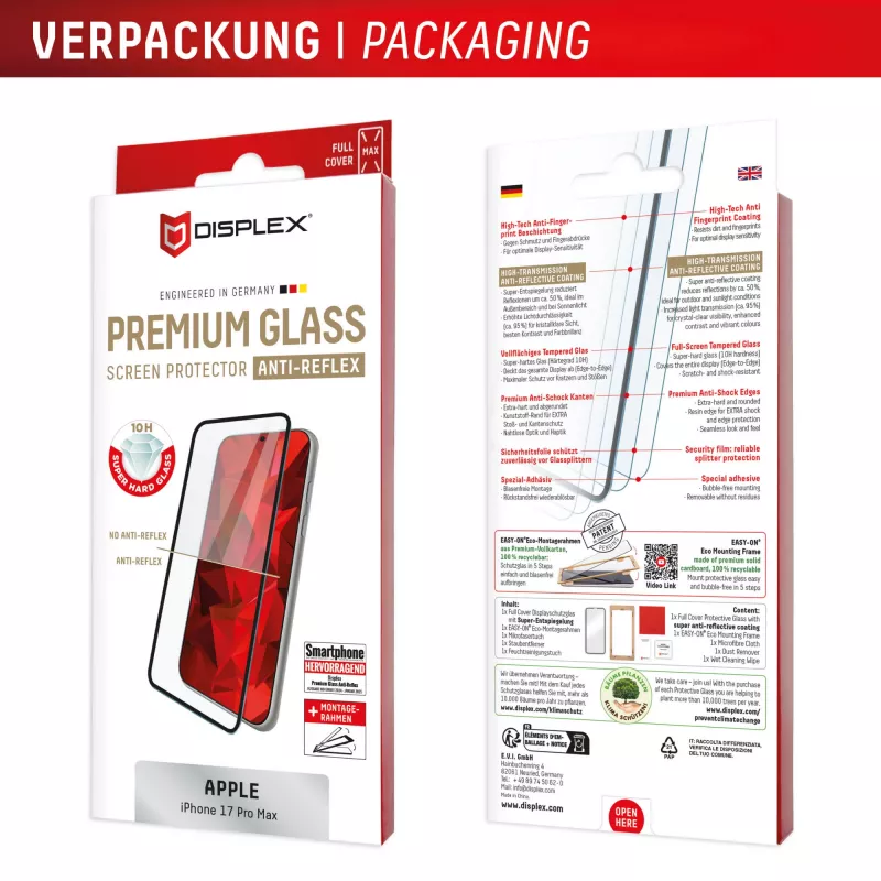 Displex Premium ekrāna aizsargs (Full Cover, 10H) Apple iPhone 17 Pro Max, Eco stiprinājuma rāmis, pilns pārklājums