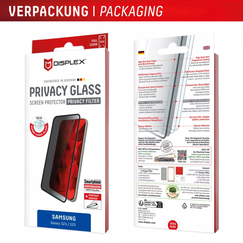Displex Privātuma ekrāna aizsargs (10H) Samsung Galaxy S24/S25, Eco montāžas rāmis, privātuma filtrs