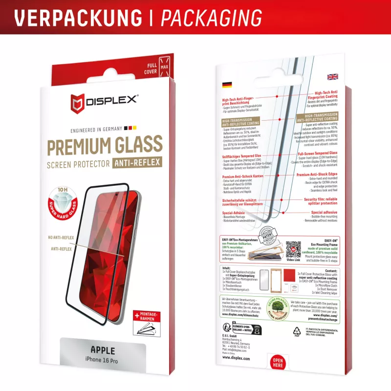 Displex Premium Anti-Reflex ekrāna aizsargs (pretatstarojošs pilna pārklājuma, 10H) Apple iPhone 16 Pro, Eco montāžas rāmis, pilns pārklājums