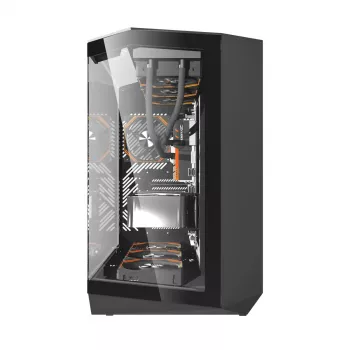 PC korpuss Darkflash DY470 Full Tower — melns, SPCC, atbalsta ITX/ATX, 3,5 collu/2,5 collu HDD, 1x aizmugurējais 120 mm, 120 mm sānu ventilatori