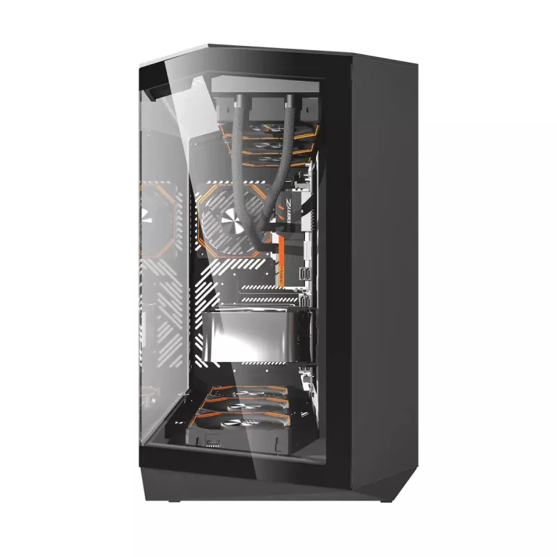 PC korpuss Darkflash DY470 Full Tower — melns, SPCC, atbalsta ITX/ATX, 3,5 collu/2,5 collu HDD, 1x aizmugurējais 120 mm, 120 mm sānu ventilatori