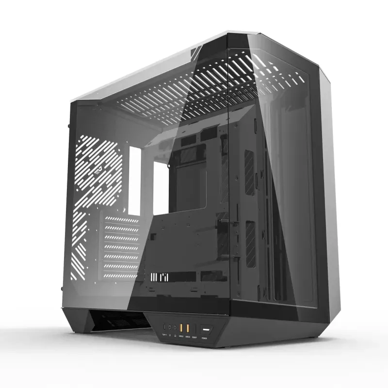 PC korpuss Darkflash DY470 Full Tower — melns, SPCC, atbalsta ITX/ATX, 3,5 collu/2,5 collu HDD, 1x aizmugurējais 120 mm, 120 mm sānu ventilatori