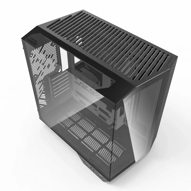 PC korpuss Darkflash DY470 Full Tower — melns, SPCC, atbalsta ITX/ATX, 3,5 collu/2,5 collu HDD, 1x aizmugurējais 120 mm, 120 mm sānu ventilatori
