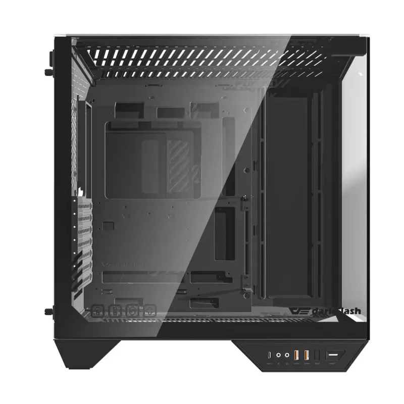 PC korpuss Darkflash DY470 Full Tower — melns, SPCC, atbalsta ITX/ATX, 3,5 collu/2,5 collu HDD, 1x aizmugurējais 120 mm, 120 mm sānu ventilatori