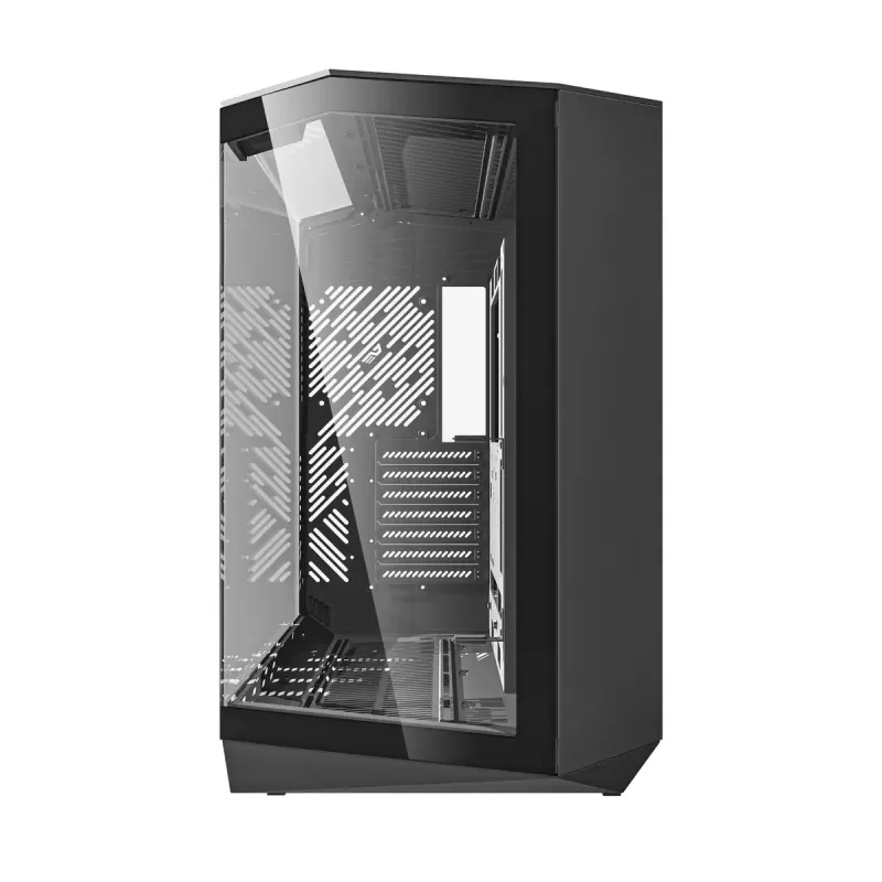 PC korpuss Darkflash DY470 Full Tower — melns, SPCC, atbalsta ITX/ATX, 3,5 collu/2,5 collu HDD, 1x aizmugurējais 120 mm, 120 mm sānu ventilatori