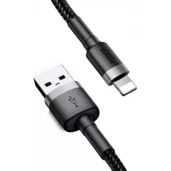 USB A uz Lightning kabelis Baseus Cafule (CALKLF-CG1) — neilona pinums, QC3.0 1.5A, 2 m, pelēks/melns