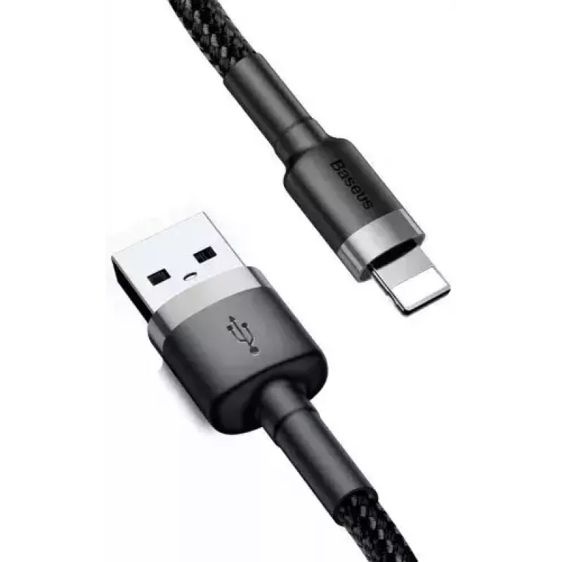 USB A uz Lightning kabelis Baseus Cafule (CALKLF-CG1) — neilona pinums, QC3.0 1.5A, 2 m, pelēks/melns
