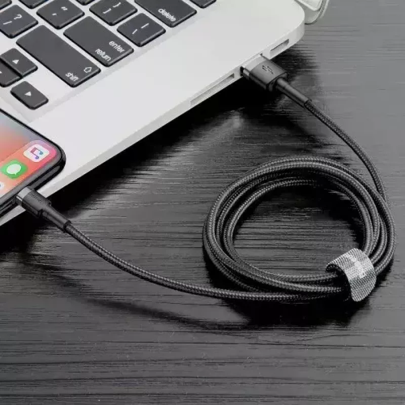USB A uz Lightning kabelis Baseus Cafule (CALKLF-CG1) — neilona pinums, QC3.0 1.5A, 2 m, pelēks/melns