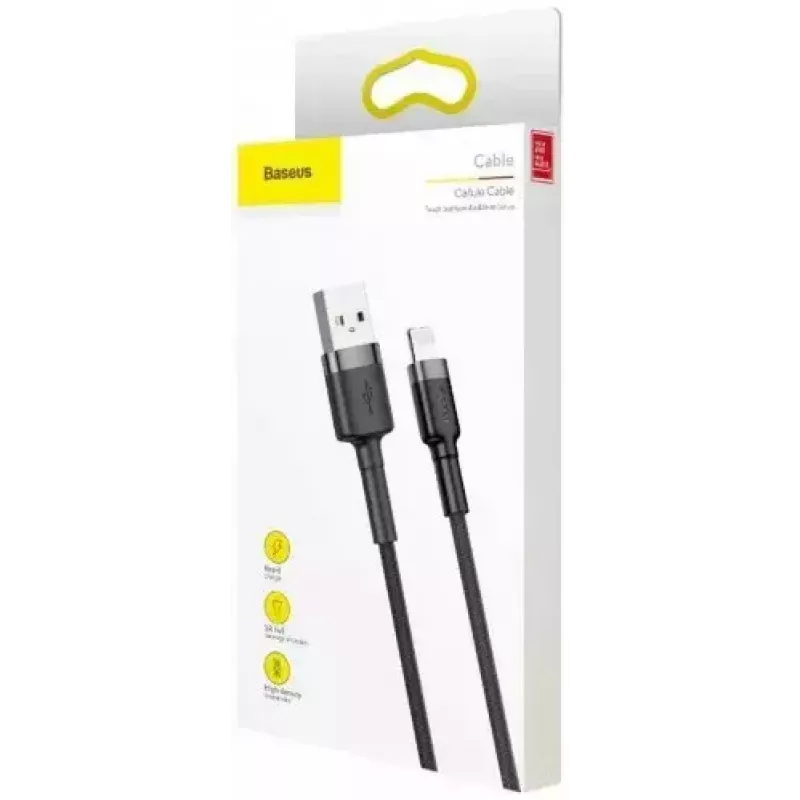USB A uz Lightning kabelis Baseus Cafule (CALKLF-CG1) — neilona pinums, QC3.0 1.5A, 2 m, pelēks/melns