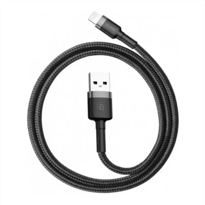 USB A uz Lightning kabelis Baseus Cafule (CALKLF-CG1) — neilona pinums, QC3.0 1.5A, 2 m, pelēks/melns