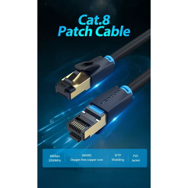 Ethernet komutācijas kabelis Vention Cat.8 S/FTP 1 m Melns RJ-45 Zeltīts
