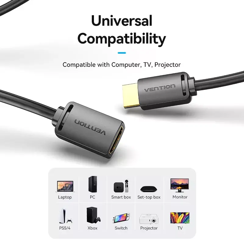 HDMI kabelis Vention AHCBI 3 m, HDMI Type A vīrišķais uz sievišķo, 18 Gbit/s, HDMI 2.0, 4K@60Hz, HDR, zeltīti kontakti