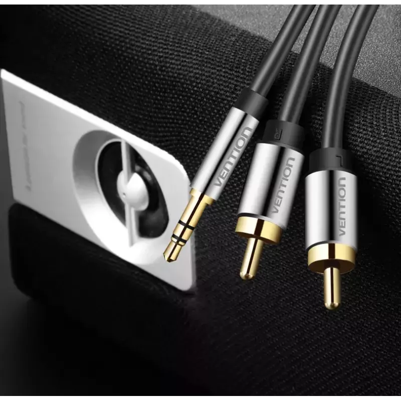 Audio kabelis Vention 3,5 mm spraudnis uz 2×RCA spraudnis, 3 m, melns, zeltīti kontakti