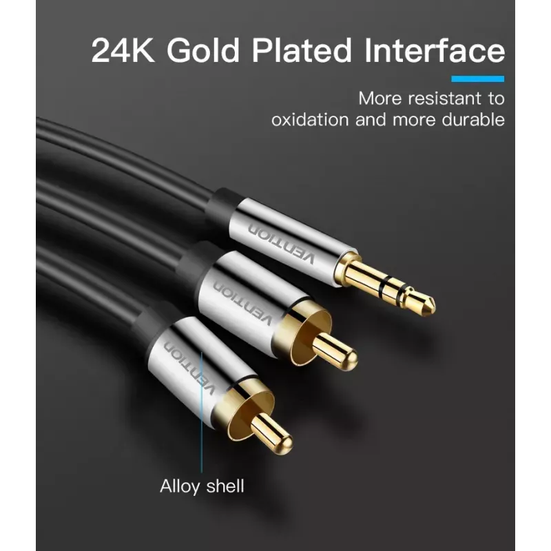 Audio kabelis Vention 3,5 mm spraudnis uz 2×RCA spraudnis, 3 m, melns, zeltīti kontakti