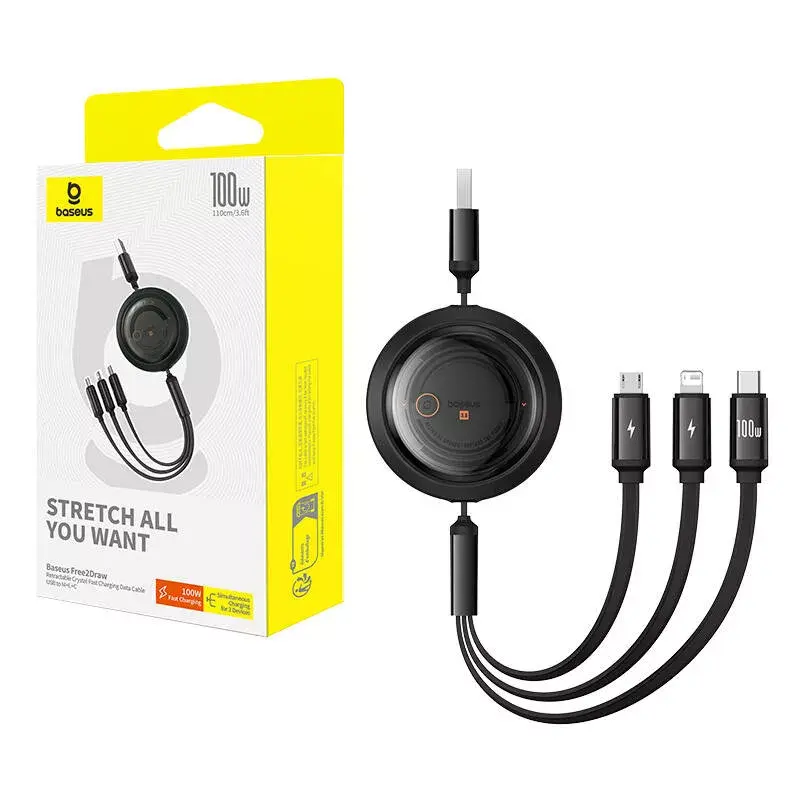 USB 3-in-1 kabelis Baseus Free2Draw (USB-A uz Micro USB + Lightning + USB-C), 100W, 1,1 m, melns