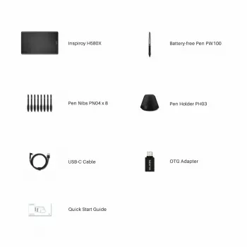 Grafikas planšetdators HUION Inspiroy H580X — aktīvā zona 8,5×5,0 collas, 5080 LPI, 8192 spiediena līmeņi, 8 programmējami taustiņi, USB-C
