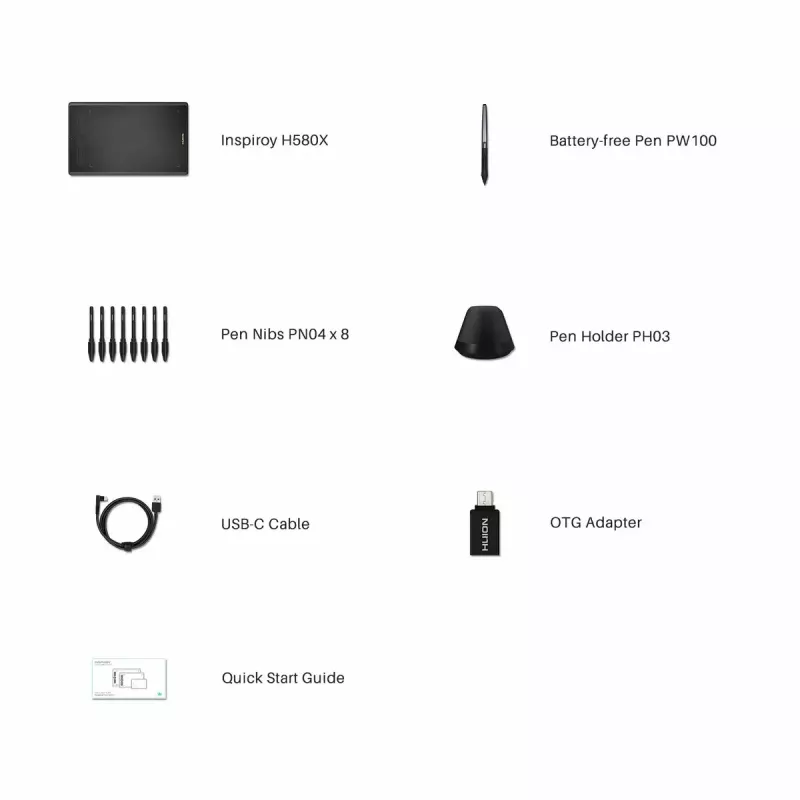 Grafikas planšetdators HUION Inspiroy H580X — aktīvā zona 8,5×5,0 collas, 5080 LPI, 8192 spiediena līmeņi, 8 programmējami taustiņi, USB-C