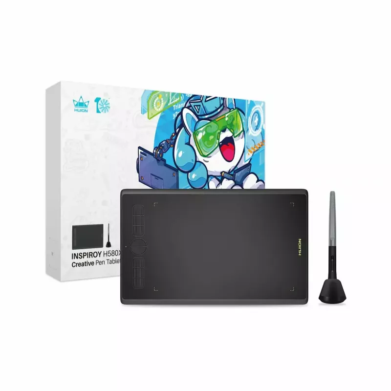Grafikas planšetdators HUION Inspiroy H580X — aktīvā zona 8,5×5,0 collas, 5080 LPI, 8192 spiediena līmeņi, 8 programmējami taustiņi, USB-C