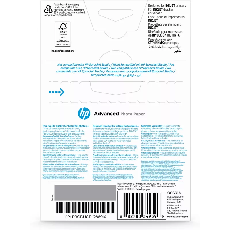 HP Advanced Photo Paper Glossy 250 g/m2 10 x 15 cm (101 x 152 mm) 25 loksnes