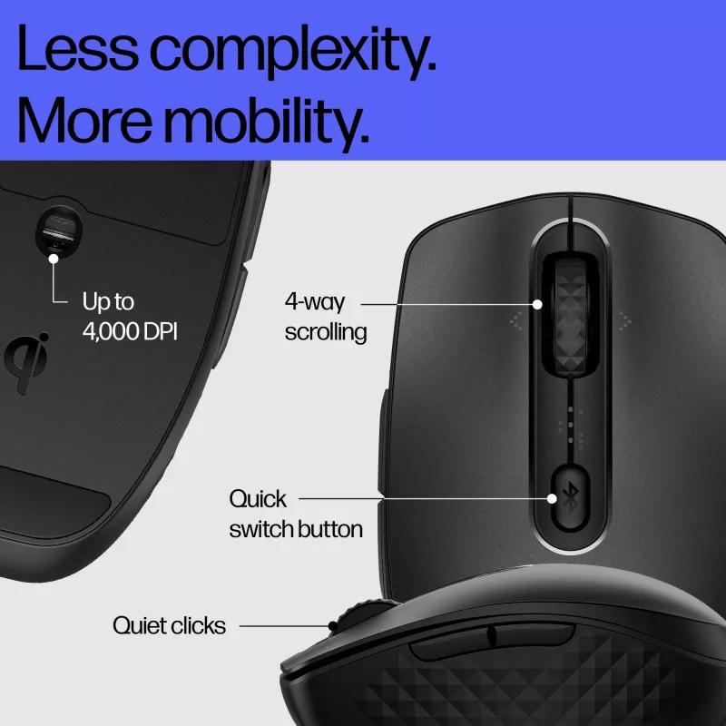 HP 695 uzlādējama bezvadu pele, piemērota abām rokām, Bluetooth, 4000 DPI, melna